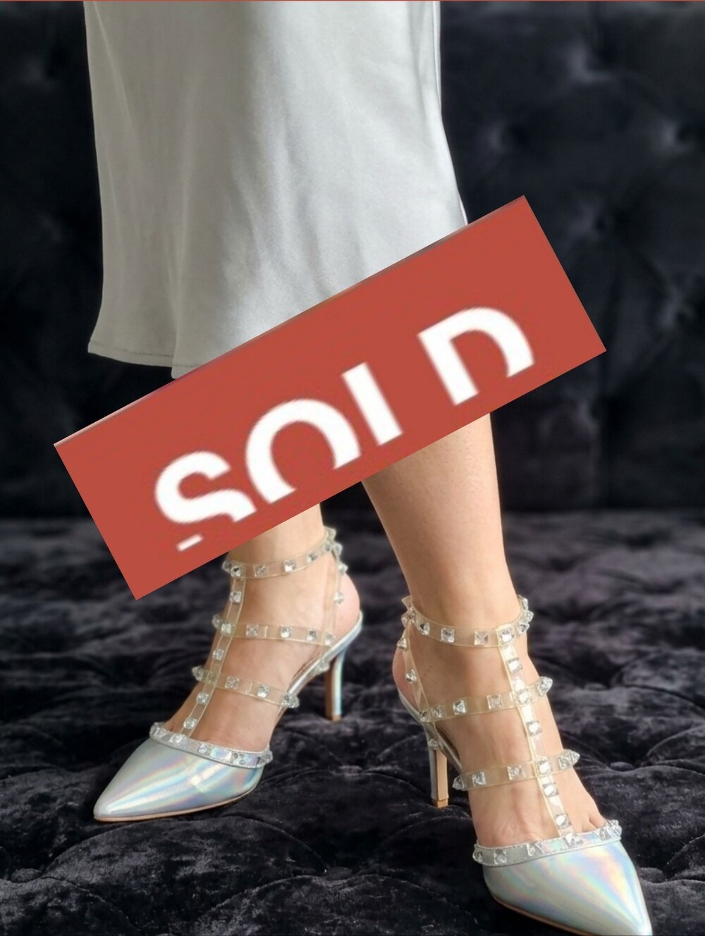 Mix No. 6 Iridescent Pointed-Toe Strappy Heels with Clear Crystal Straps